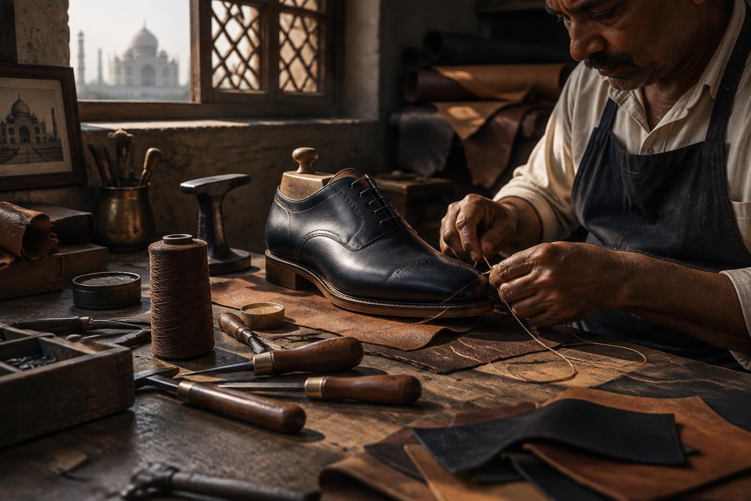 Craftsman hand-stitching a leather shoe at a workshop bench