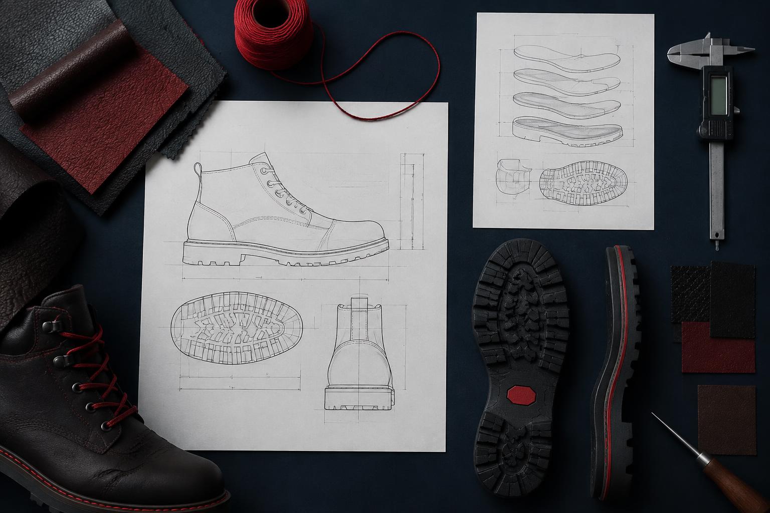 Footwear technical specification sheets, sole units and leather swatches laid out flat