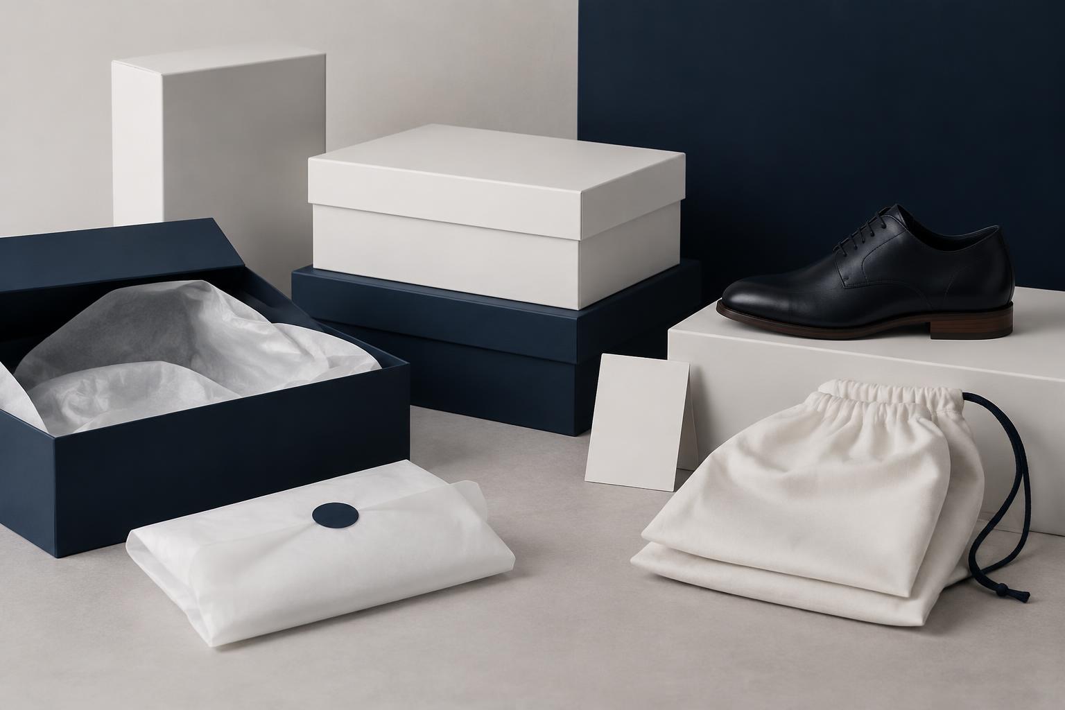 Unbranded premium shoe boxes, tissue paper and dust bags prepared for private-label packaging